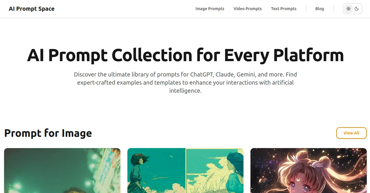 Screenshot of AI Prompt Space – An AI tool in the ,AI Creative Writing ,AI Content Generator ,Large Language Models (LLMs) ,AI Script Writing  category, showcasing its interface and key features.