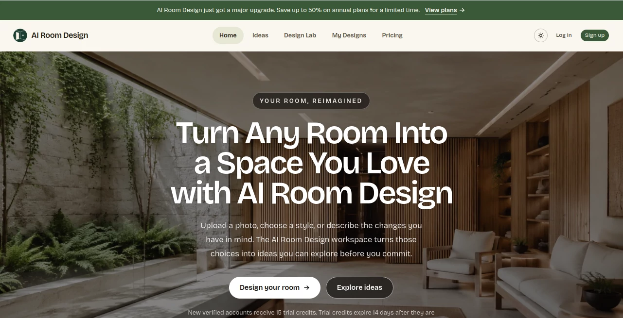 Screenshot of AI Room Design – An AI tool in the ,AI Design Generator ,AI Image to Image ,AI Interior & Room Design  category, showcasing its interface and key features.