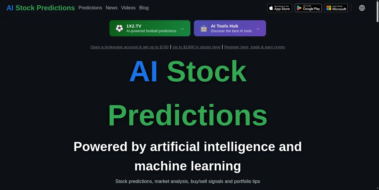 Screenshot of AI Stock Predictions – An AI tool in the ,AI Investing Assistant ,AI Research Tool ,AI Analytics Assistant ,AI Trading Bot Assistant  category, showcasing its interface and key features.