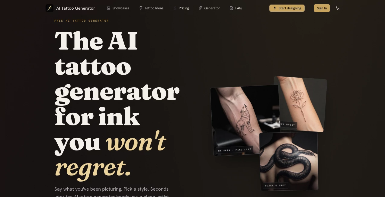 Screenshot of AI Tattoo Generator – An AI tool in the ,AI Photo & Image Generator ,AI Illustration Generator ,AI Tattoo Generator ,AI Art Generator  category, showcasing its interface and key features.