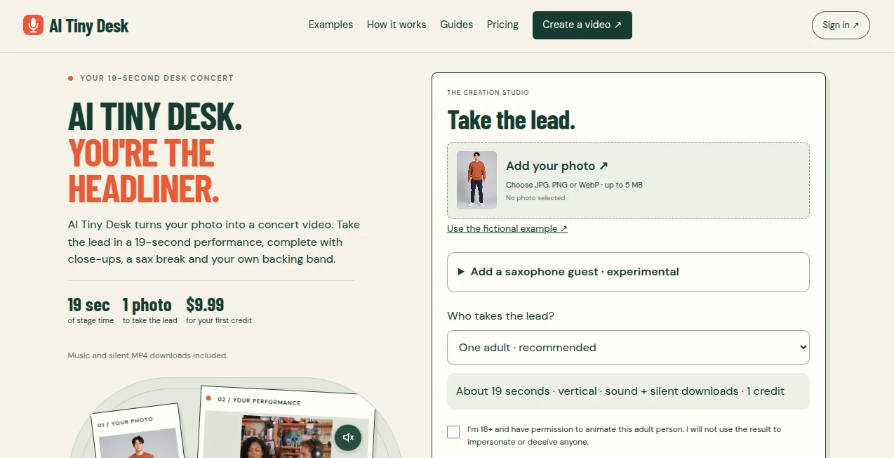 Screenshot of AI Tiny Desk – An AI tool in the ,AI Image to Video ,AI Music Video Generator ,AI Personalized Video Generator ,AI Video Generator ,Video  category, showcasing its interface and key features.