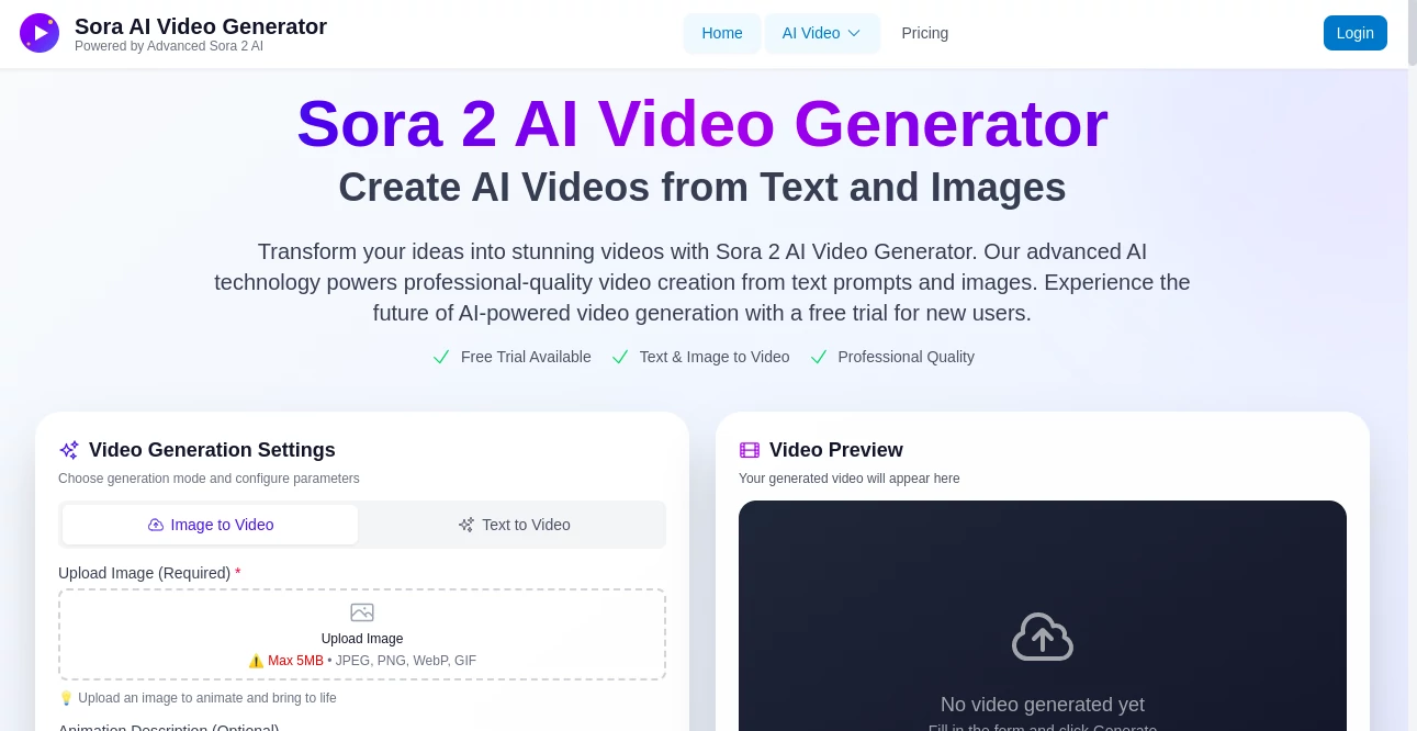 Screenshot of Sora 2 AI Video Generator – An AI tool in the ,AI Animated Video ,AI Text to Video ,AI Video Generator  category, showcasing its interface and key features.