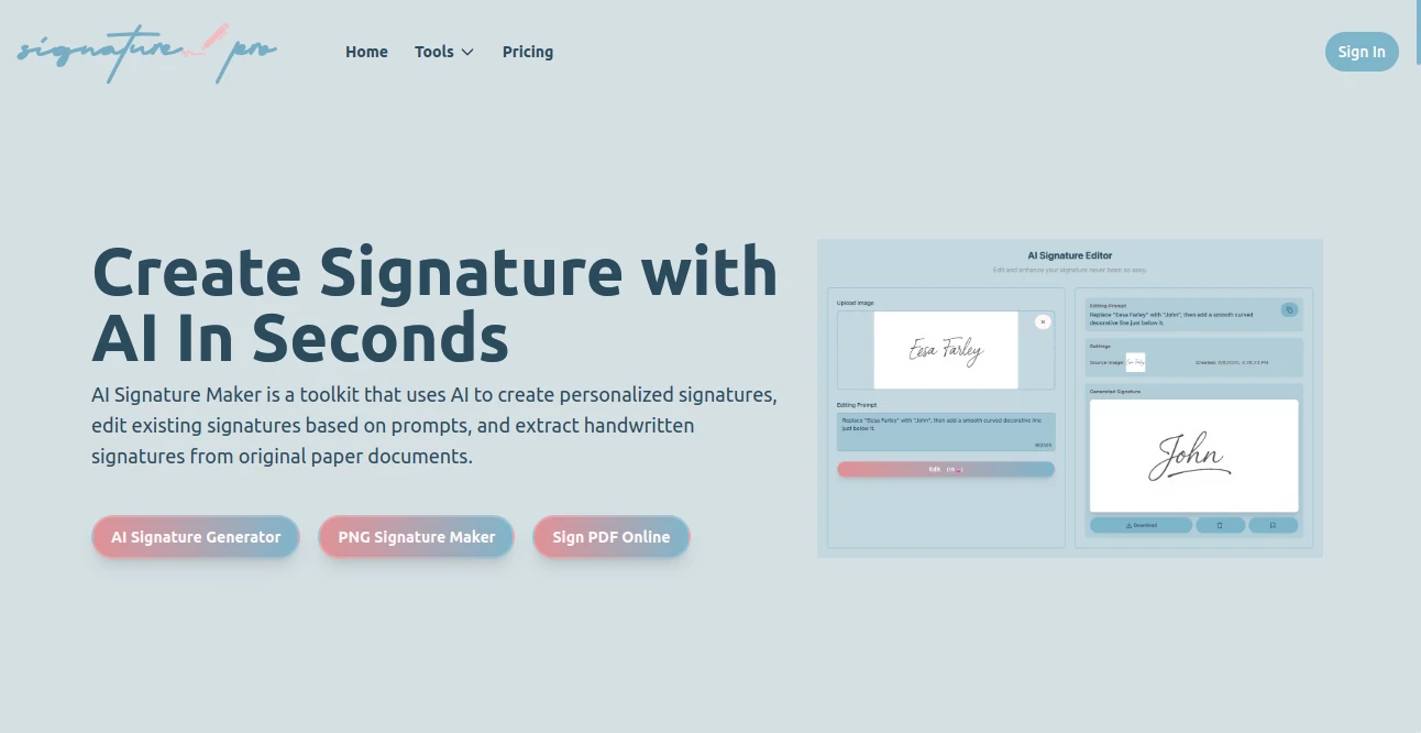 Screenshot of AI Signature Generator – An AI tool in the ,Photo & Image Editor ,AI Design Generator ,AI Image to Image  category, showcasing its interface and key features.