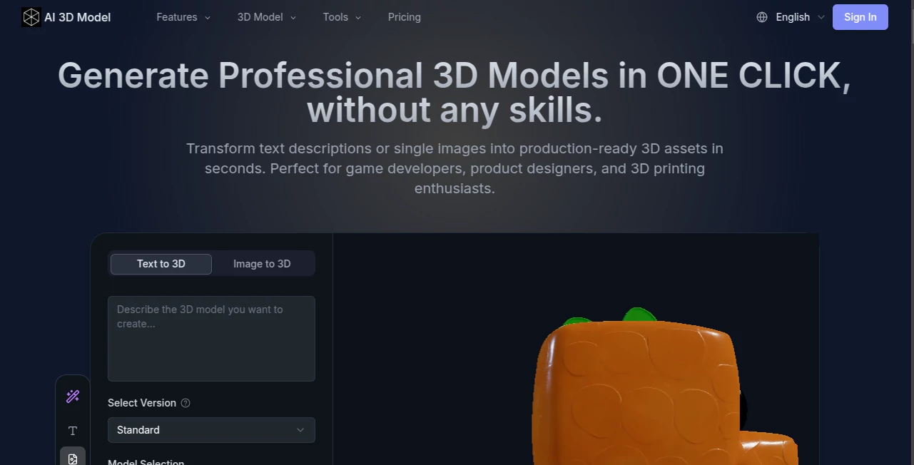 Screenshot of AI 3D Model – An AI tool in the ,AI 3D Model Generator ,AI Text to 3D ,AI Image to 3D Model ,AI Design Generator  category, showcasing its interface and key features.