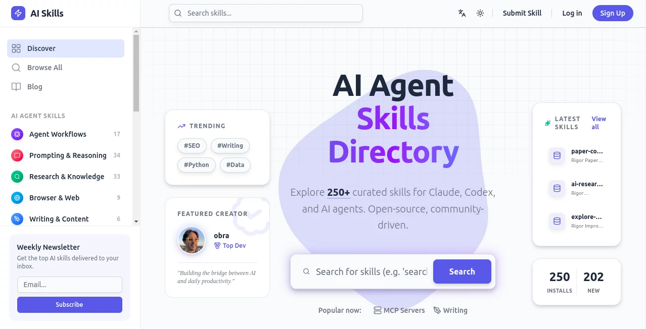 Screenshot of AI Agent Skills – An AI tool in the ,AI Workflow Management ,AI Productivity Tools ,AI API Design ,AI Developer Tools  category, showcasing its interface and key features.