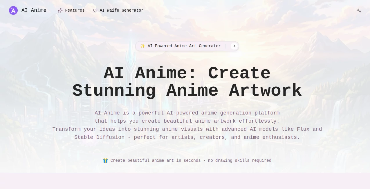 Screenshot of AI Anime – An AI tool in the ,AI Image to Image ,AI Art Generator ,AI Design Generator ,AI Anime Art  category, showcasing its interface and key features.