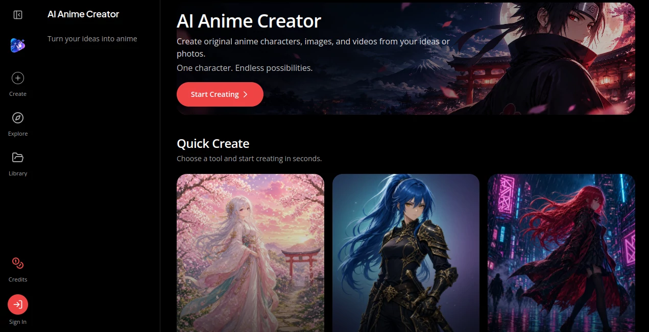 Screenshot of AI Anime Creator – An AI tool in the ,AI Anime & Cartoon Generator ,Design & Art  category, showcasing its interface and key features.