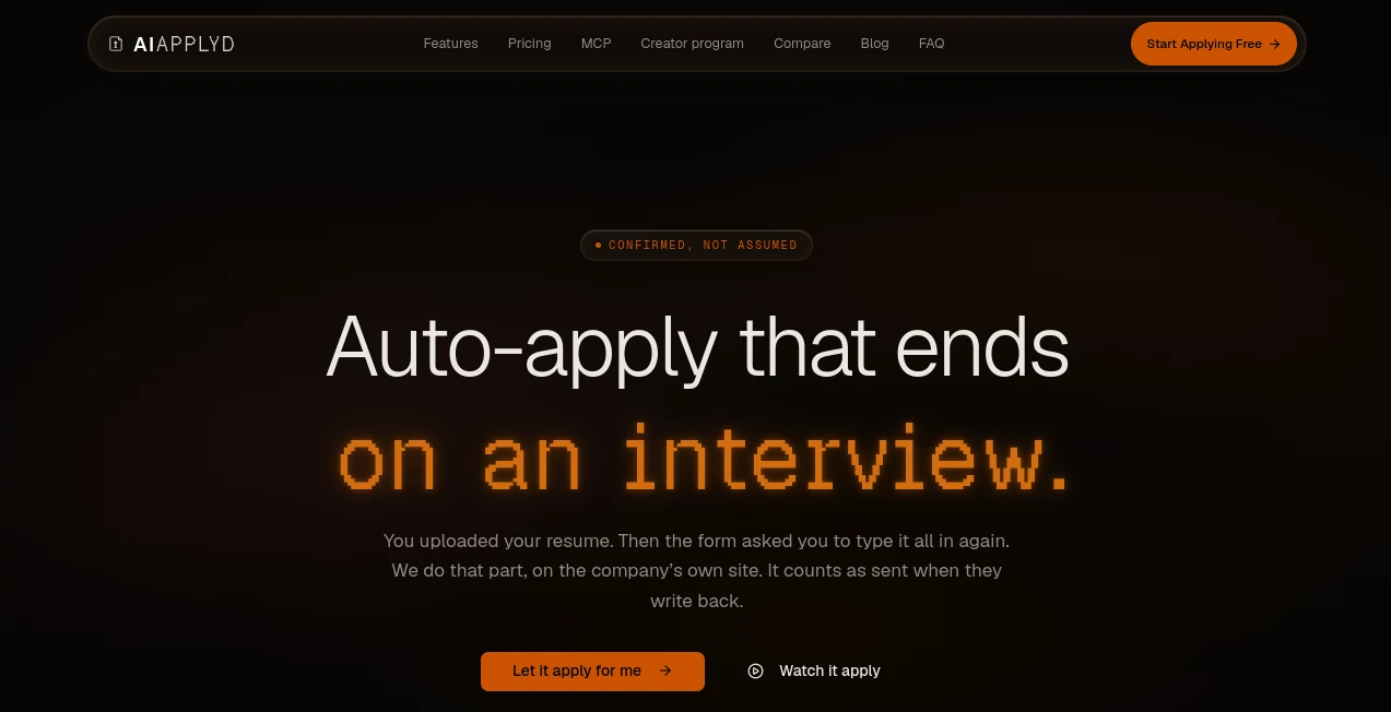 Screenshot of AI Applyd – An AI tool in the ,AI Interview Assistant ,AI Resume Builder ,AI Cover Letter Generator ,Life Assistant  category, showcasing its interface and key features.