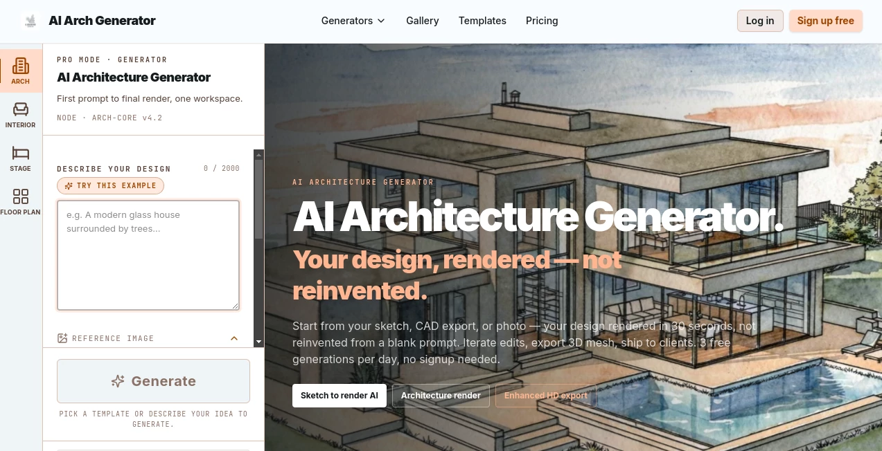 Screenshot of AI Arch Generator – An AI tool in the ,AI Image to Image ,AI Art Generator ,AI Design Generator ,AI Interior & Room Design  category, showcasing its interface and key features.