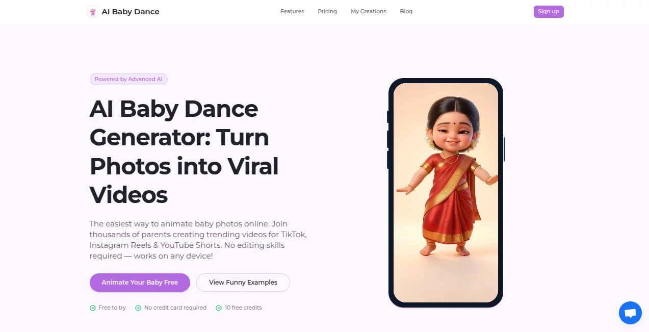 Screenshot of AI Baby Dance – An AI tool in the ,AI Animated Video ,AI Image to Video ,AI Fun Tools ,AI Video Generator  category, showcasing its interface and key features.