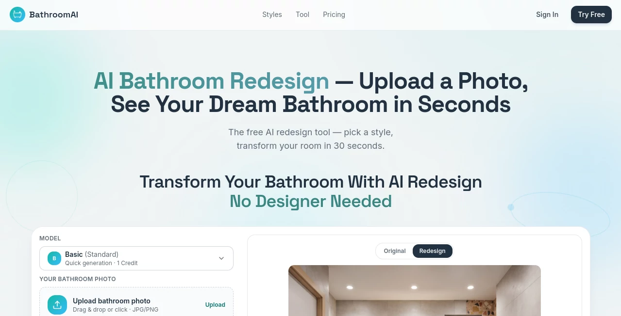 Screenshot of BathroomAI – An AI tool in the ,AI Design Assistant ,Design & Art ,AI Design Generator ,AI Interior & Room Design  category, showcasing its interface and key features.