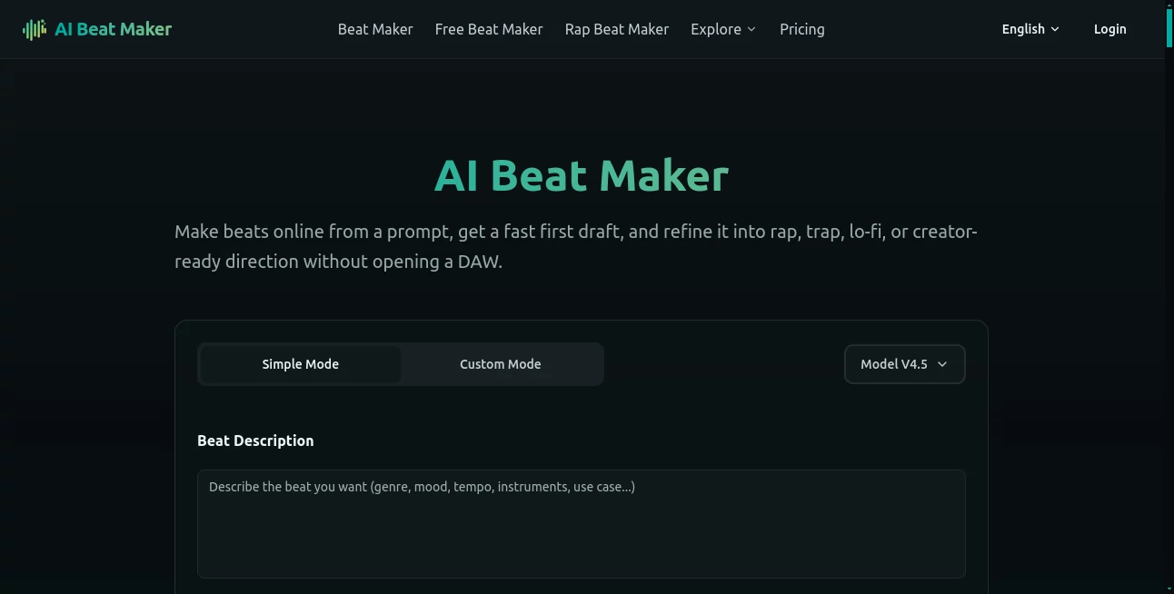 Screenshot of AI Beat Maker – An AI tool in the ,AI Music Generator ,AI Voice & Audio Editing ,AI Text to Music ,AI Productivity Tools  category, showcasing its interface and key features.