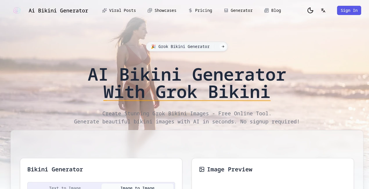 Screenshot of grok bikini – An AI tool in the ,AI Photo & Image Generator ,AI Fun Tools ,AI Art Generator ,AI Design Generator  category, showcasing its interface and key features.