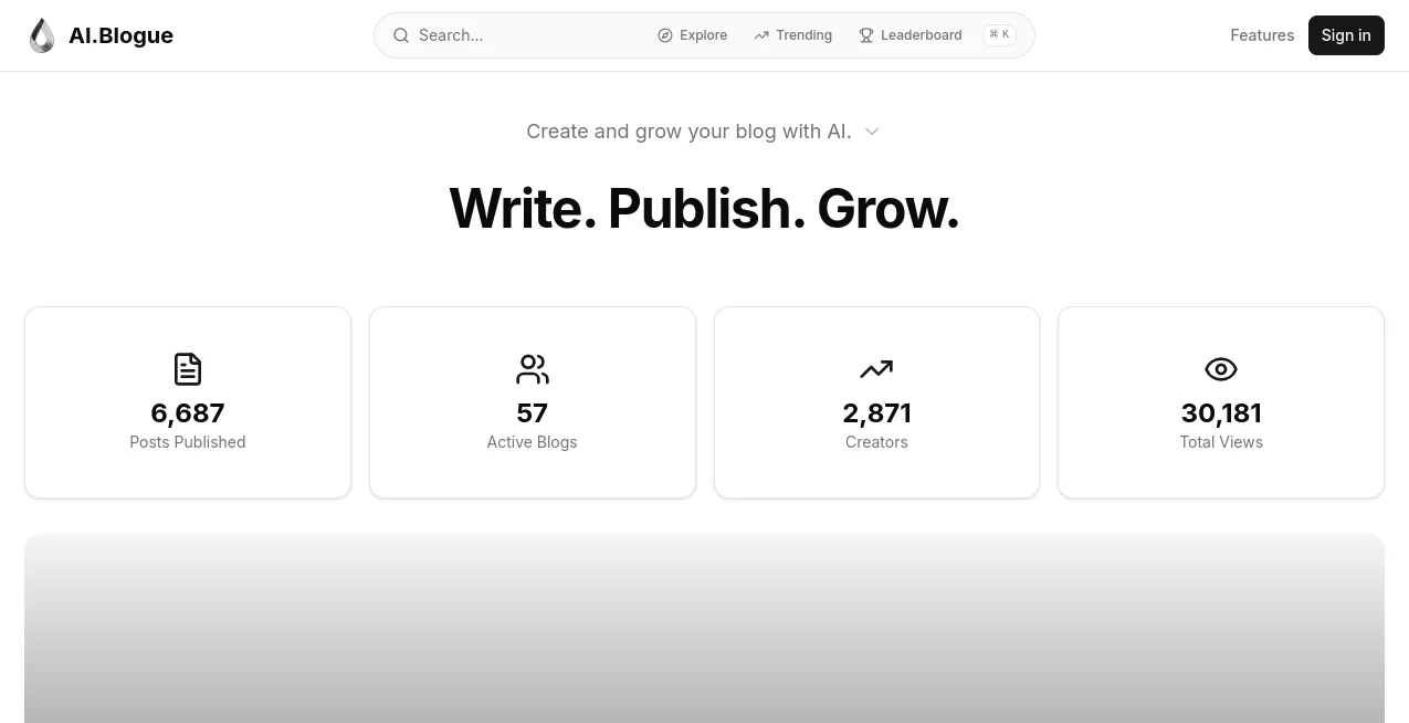 Screenshot of AI.Blogue – An AI tool in the ,AI Blog Writer ,AI Content Generator ,AI SEO Assistant ,AI Productivity Tools  category, showcasing its interface and key features.