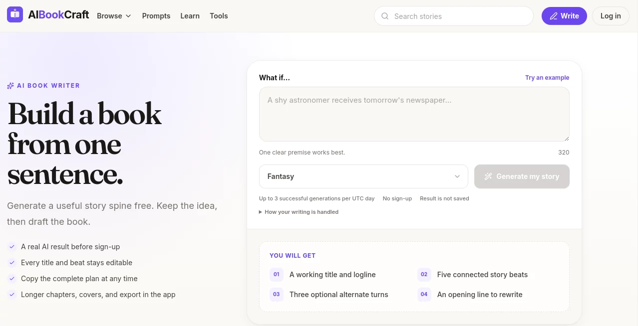 Screenshot of AIBookCraft – An AI tool in the ,AI Book Writing ,AI Novel ,AI Story Writing  category, showcasing its interface and key features.