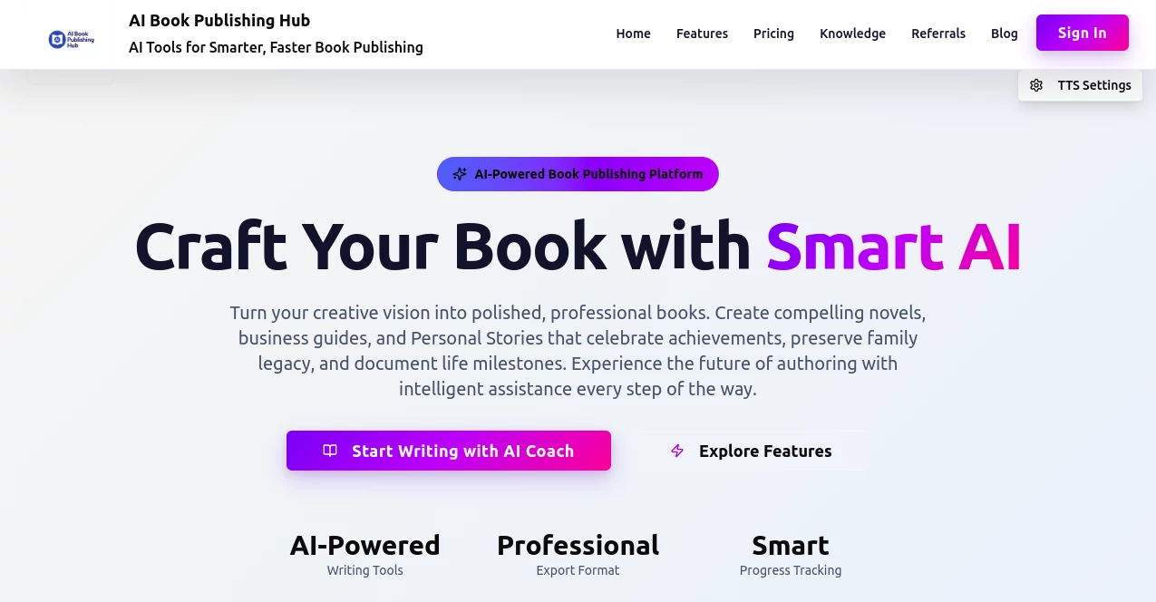 Screenshot of AI Book Publishing Hub – An AI tool in the ,AI Book Writing ,AI Content Generator  category, showcasing its interface and key features.