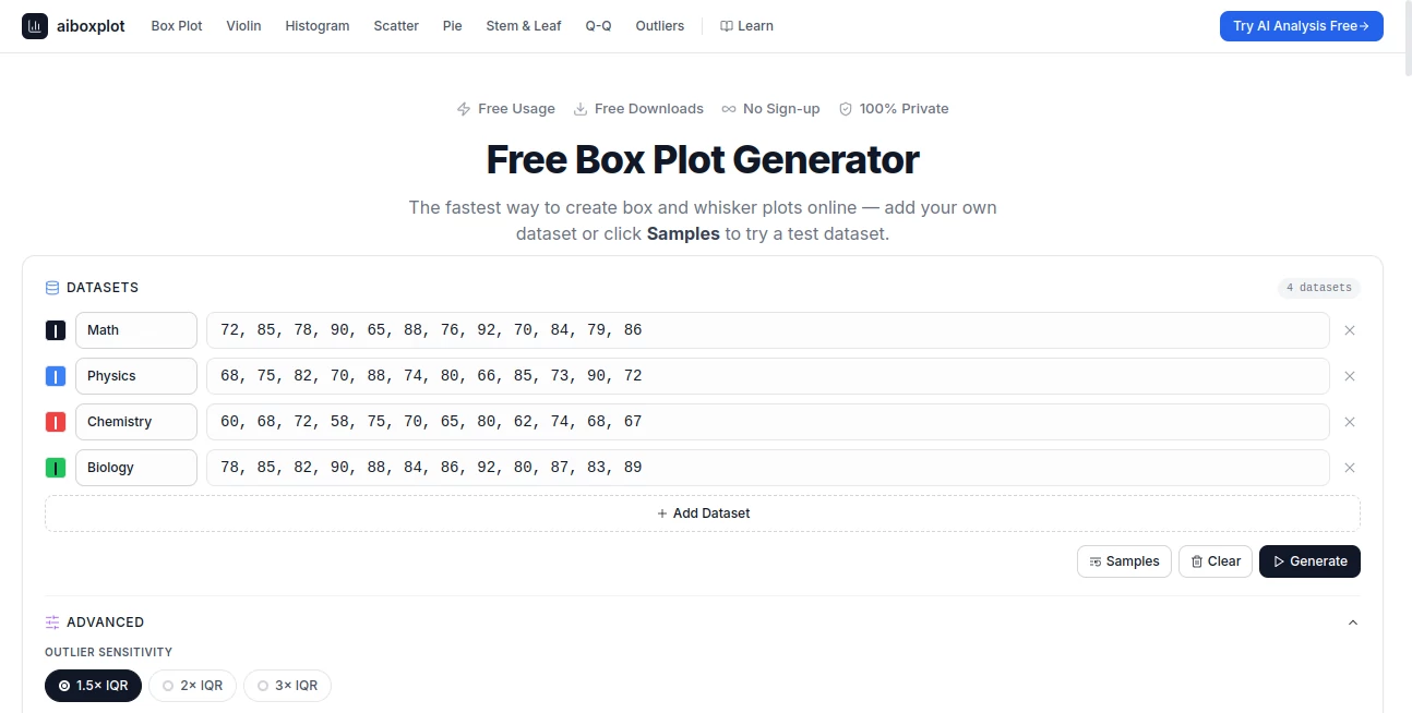 Screenshot of aiboxplot – An AI tool in the ,AI Charting ,AI Education Assistant ,AI Research Tool  category, showcasing its interface and key features.