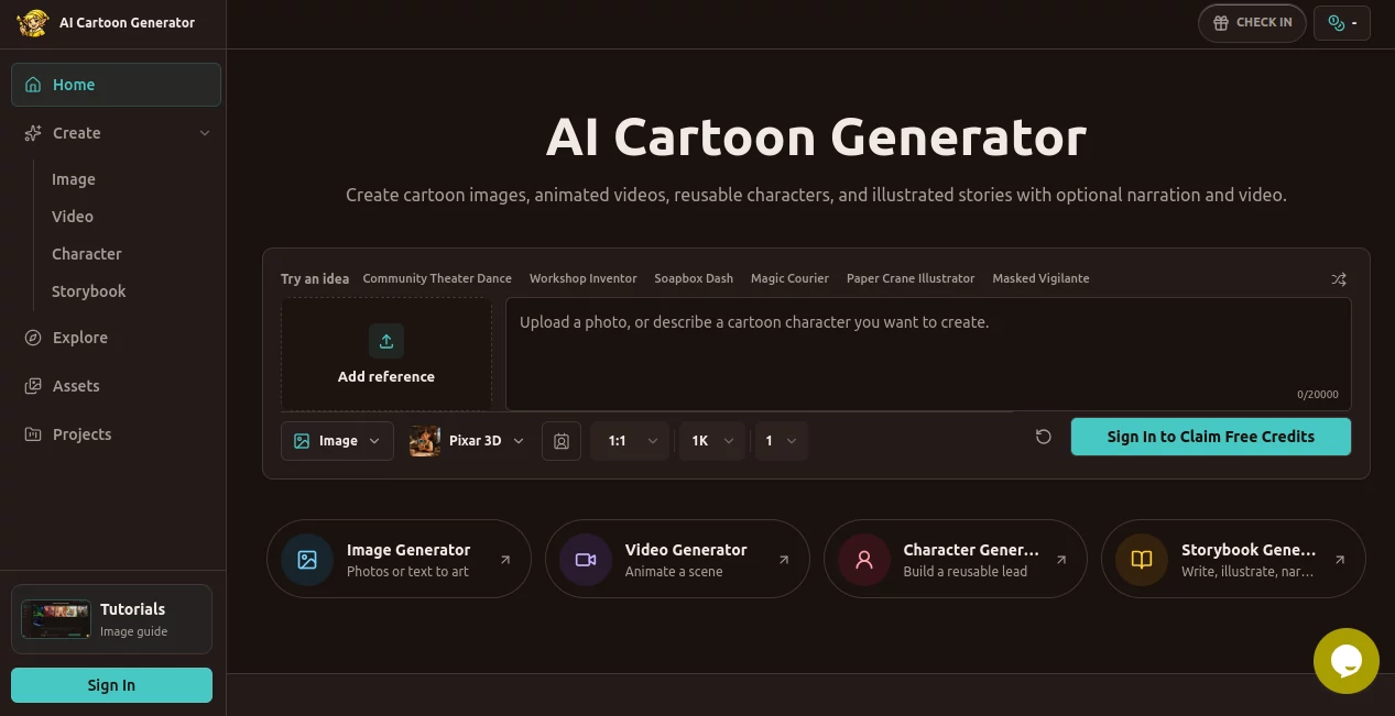 Screenshot of AI Cartoon Generator – An AI tool in the ,AI Photo & Image Generator ,AI Animated Video ,AI Selfie & Portrait ,AI Anime & Cartoon Generator  category, showcasing its interface and key features.