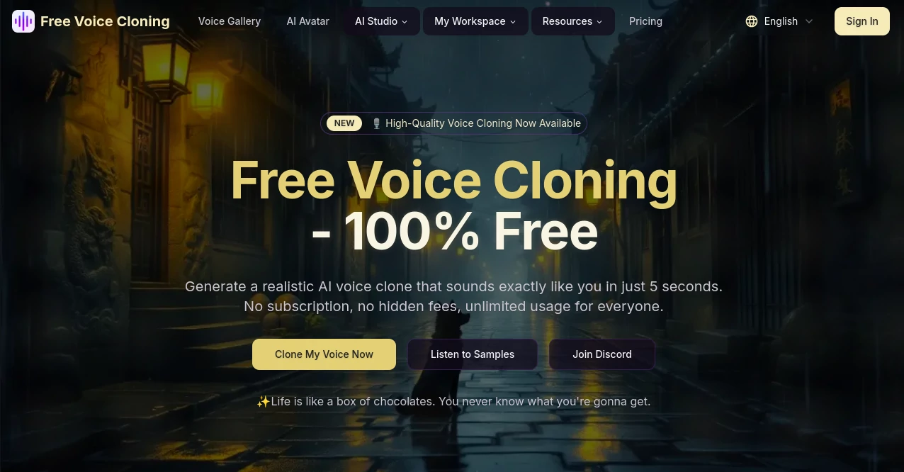 Screenshot of Free Voice Cloning – An AI tool in the ,AI Voice Cloning ,AI Text to Speech ,AI Speech Synthesis ,AI Voice Assistants  category, showcasing its interface and key features.