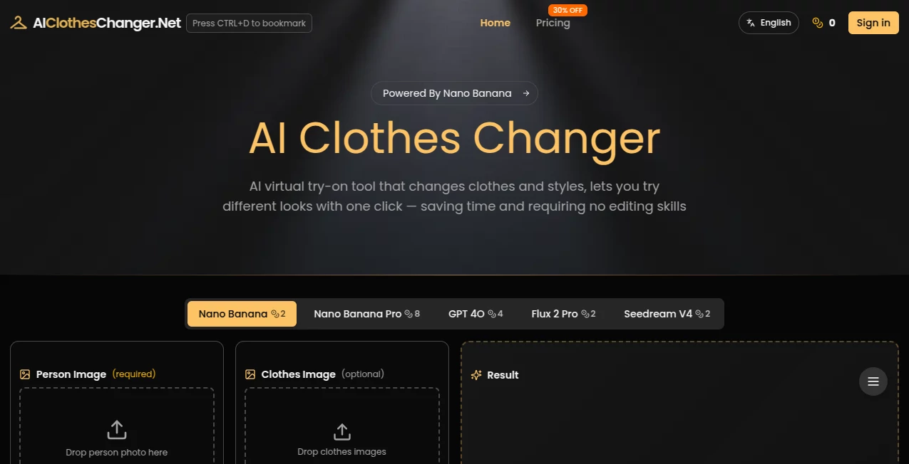 Screenshot of AI Clothes Changer – An AI tool in the ,AI Clothing Generator ,Photo & Image Editor ,AI Design Generator ,AI Image to Image  category, showcasing its interface and key features.