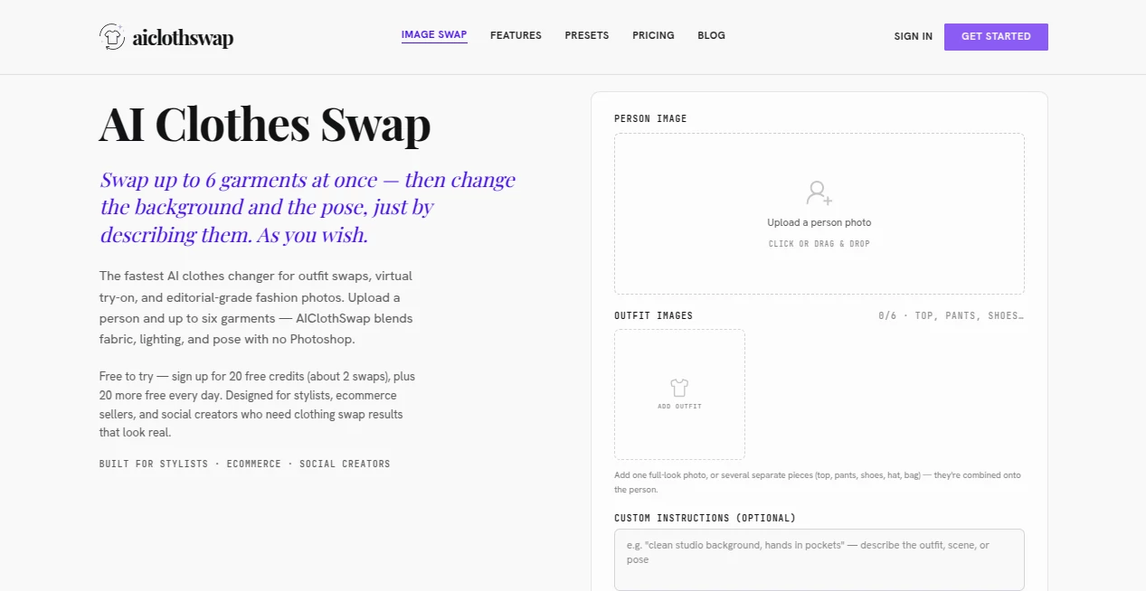 Screenshot of AIClothSwap – An AI tool in the ,AI Photo & Image Generator ,AI Image to Image ,AI E-commerce Assistant  category, showcasing its interface and key features.