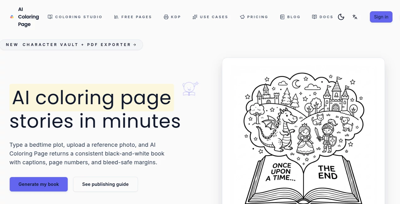 Screenshot of AI Coloring Page – An AI tool in the ,AI Photo & Image Generator ,AI Image to Image ,AI Art Generator ,Education  category, showcasing its interface and key features.