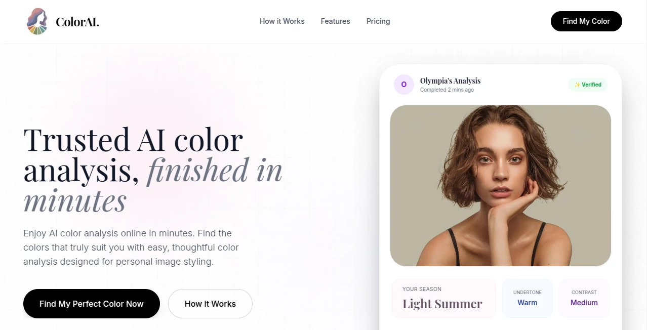 Screenshot of AI Color Analysis – An AI tool in the ,AI Selfie & Portrait ,AI Design Assistant ,AI Photo Enhancer ,AI Image Recognition  category, showcasing its interface and key features.