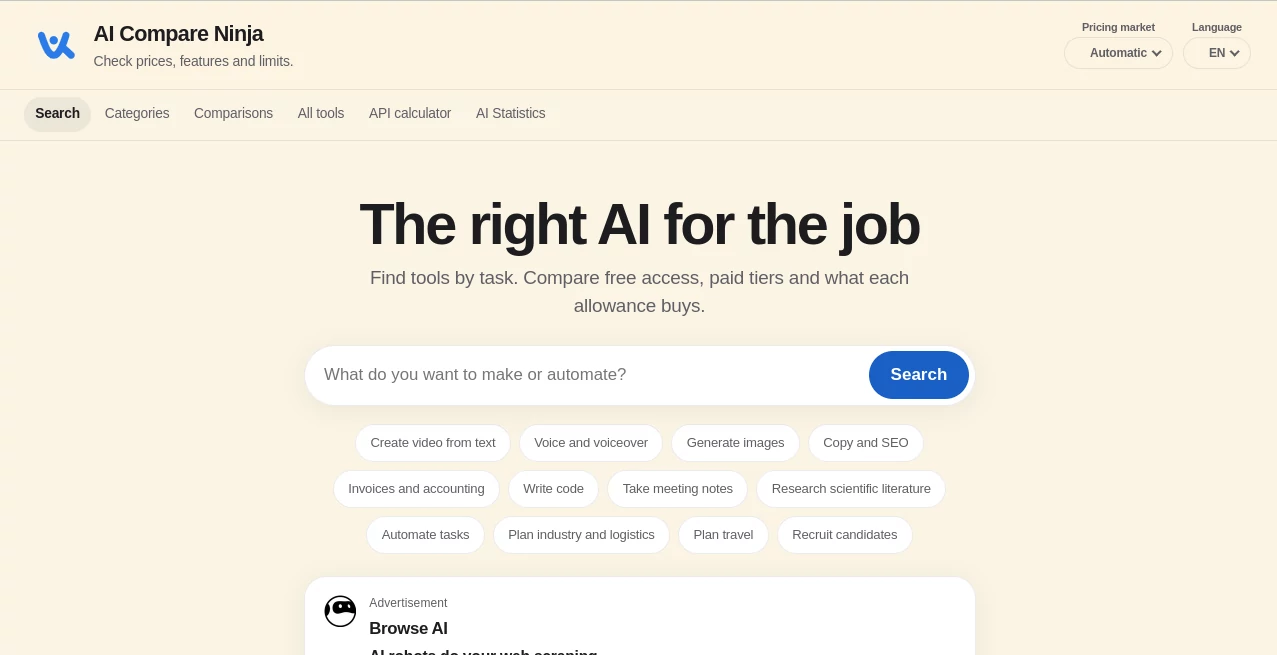 Screenshot of AI Compare – An AI tool in the ,AI Tools Directory ,Other  category, showcasing its interface and key features.