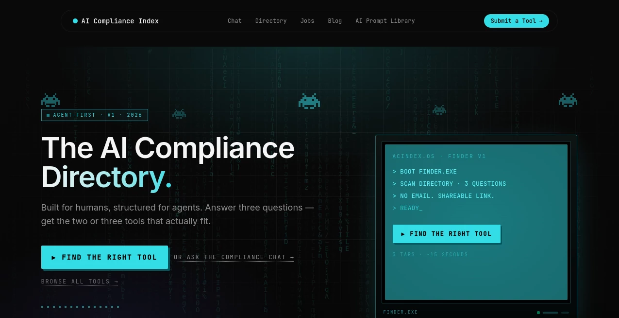 Screenshot of AI Compliance Index – An AI tool in the ,AI Developer Tools ,AI Research Tool ,AI Legal Assistant ,Business  category, showcasing its interface and key features.