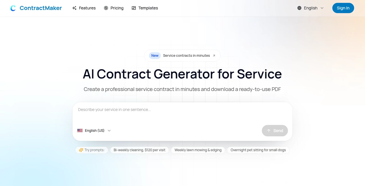 Screenshot of ContractMaker – An AI tool in the ,AI Business Ideas Generator ,AI Legal Assistant ,AI Productivity Tools ,AI Contract Management  category, showcasing its interface and key features.