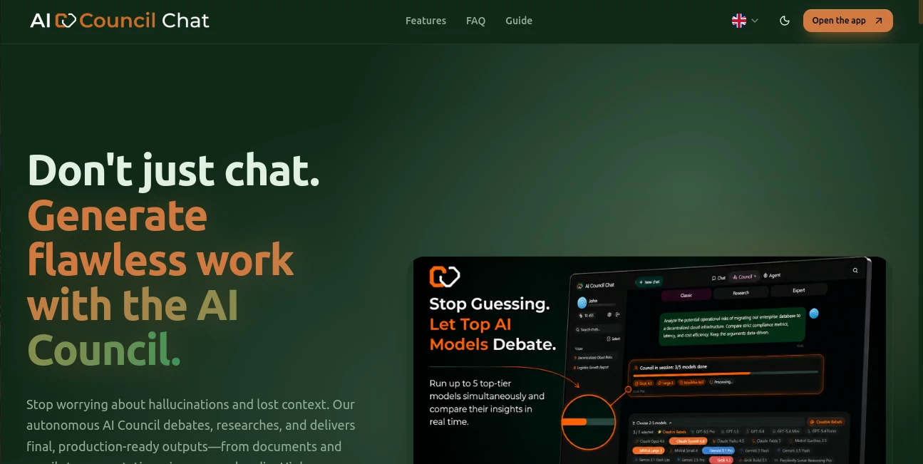 Screenshot of AI Council Chat – An AI tool in the ,AI Writing Assistants ,AI Research Tool ,AI Chatbot ,AI Productivity Tools  category, showcasing its interface and key features.