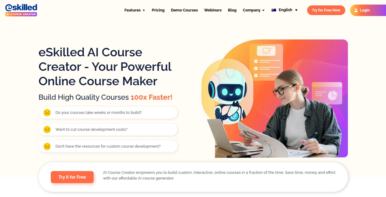 Screenshot of eSkilled AI Course Creator – An AI tool in the ,AI Course ,AI Content Generator ,AI Education Assistant ,AI Writing Assistants  category, showcasing its interface and key features.