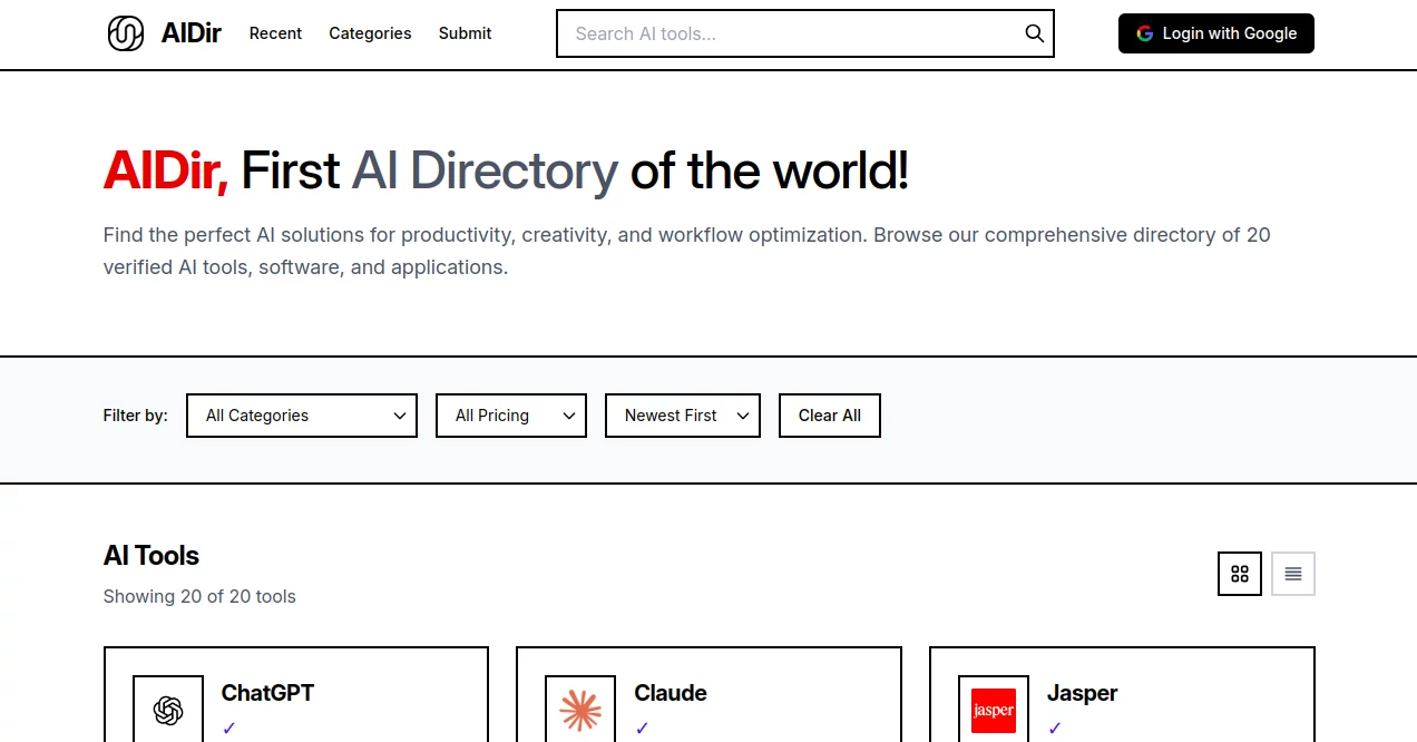 Screenshot of AIDir – An AI tool in the ,AI Tools Directory  category, showcasing its interface and key features.
