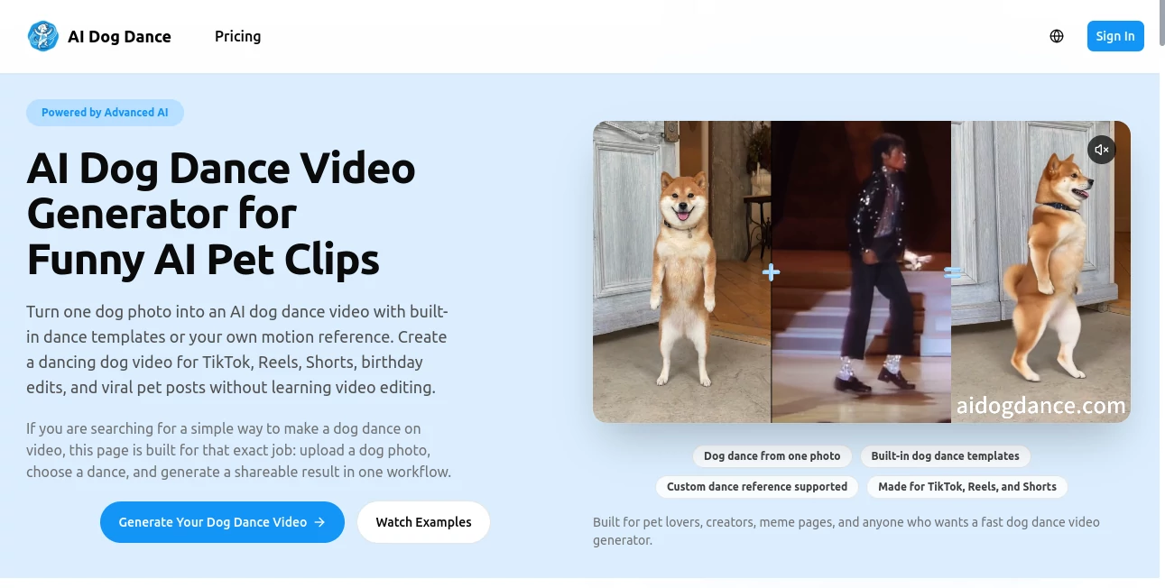Screenshot of AI Dog Dance – An AI tool in the ,AI Animated Video ,AI Video Generator ,AI Short Clips Generator ,AI UGC Video Generator  category, showcasing its interface and key features.