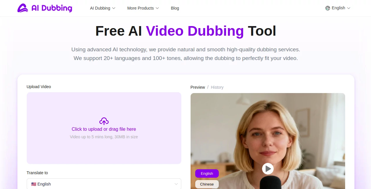 Screenshot of AI Dubbing – An AI tool in the ,AI Voice Cloning ,AI Video Editor ,AI Text to Speech ,AI Speech Synthesis  category, showcasing its interface and key features.