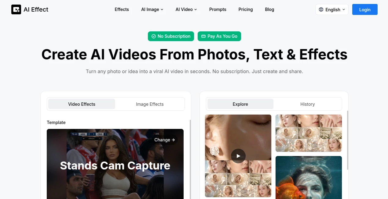 Screenshot of AI Effect – An AI tool in the ,AI Animated Video ,AI Image to Video ,AI Video Generator ,AI Video Editor  category, showcasing its interface and key features.