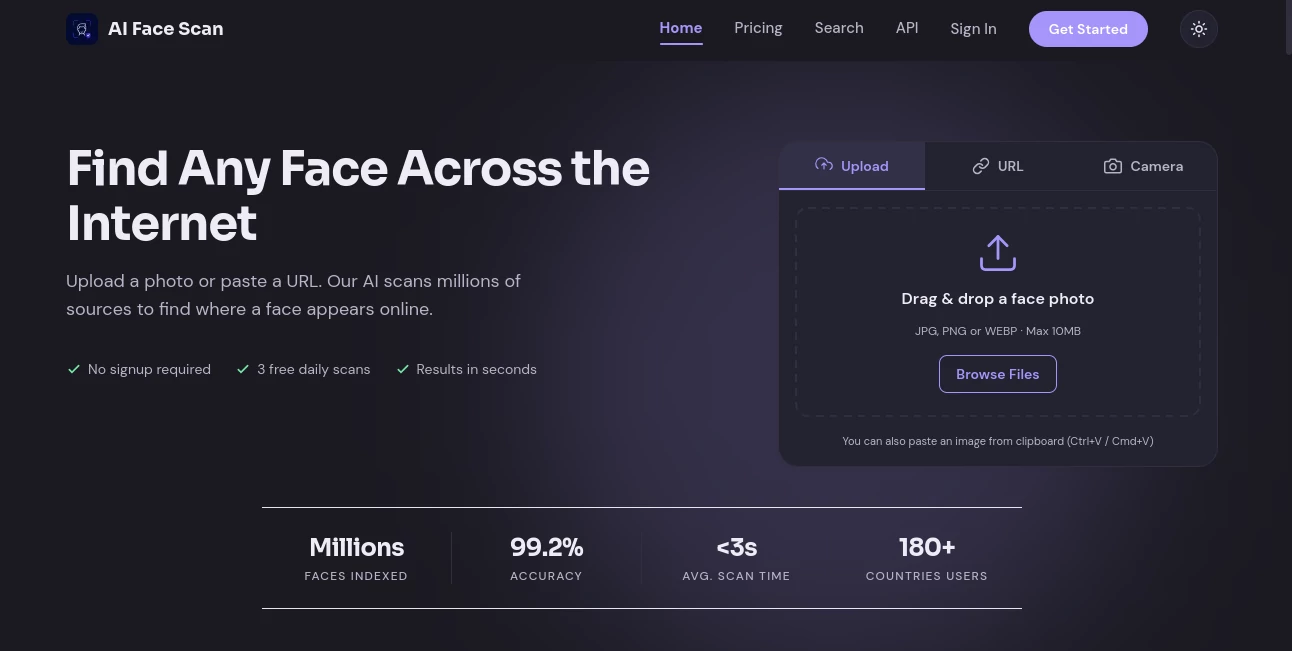 Screenshot of AI Face Scan – An AI tool in the ,AI Image Recognition ,AI Research Tool ,AI Face Swap Generator ,AI Search Engine  category, showcasing its interface and key features.