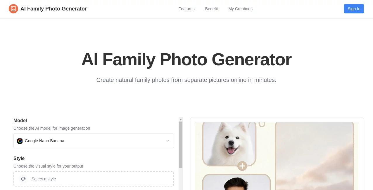 Screenshot of AI Family Photo Generator – An AI tool in the ,AI Photo & Image Generator ,Photo & Image Editor ,AI Design Generator ,AI Image to Image  category, showcasing its interface and key features.
