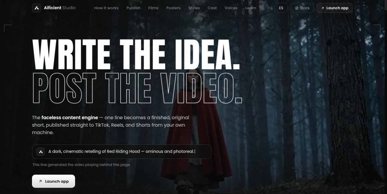 Screenshot of Aificient Studio – An AI tool in the ,AI Animated Video ,AI Tiktok Assistant ,AI Video Generator ,AI Short Clips Generator  category, showcasing its interface and key features.