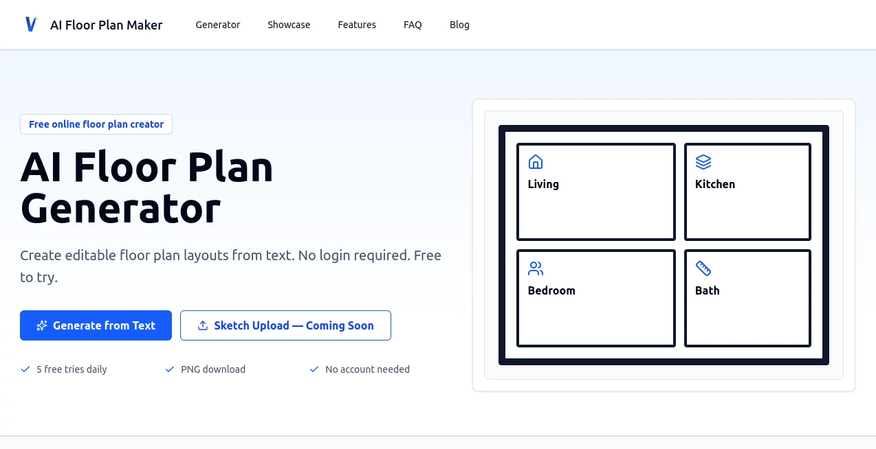 Screenshot of AI Floor Plan Maker – An AI tool in the ,AI Design Generator ,AI Graphic Design ,AI Interior & Room Design  category, showcasing its interface and key features.