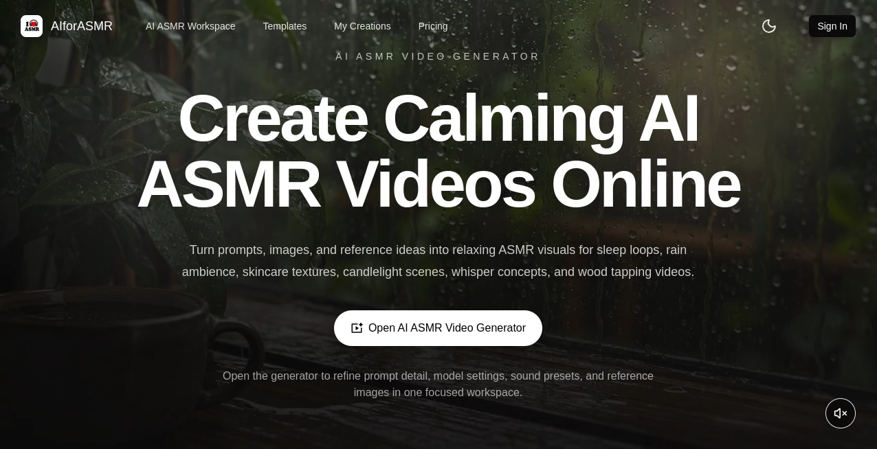 Screenshot of AIforASMR – An AI tool in the ,AI Animated Video ,AI Music Video Generator ,AI Video Generator  category, showcasing its interface and key features.