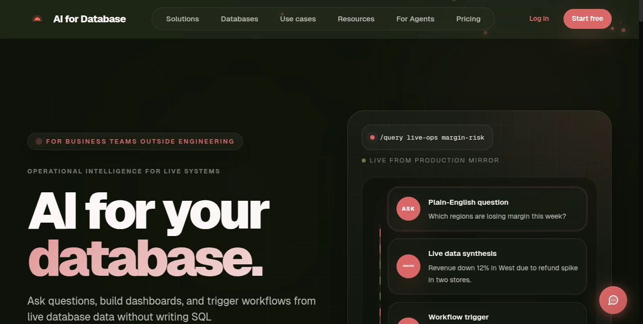 Screenshot of AI for Database – An AI tool in the ,AI Workflow Management ,AI Documents Assistant ,AI Research Tool ,AI Analytics Assistant  category, showcasing its interface and key features.