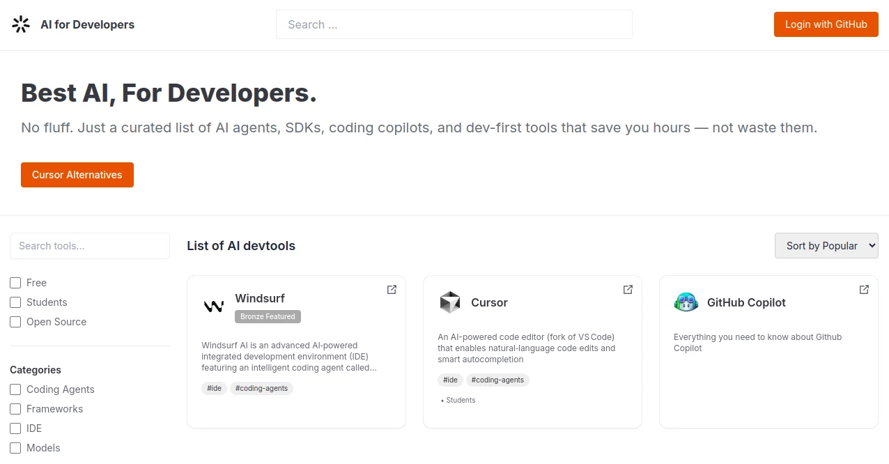 Screenshot of AI For Developers – An AI tool in the ,AI Tools Directory ,Other  category, showcasing its interface and key features.