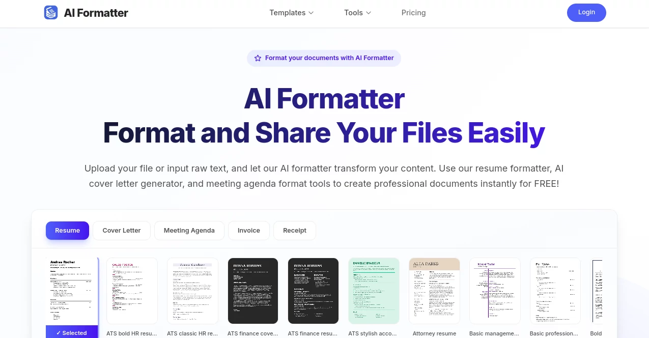 Screenshot of AI Formatter – An AI tool in the ,AI Cover Letter Generator ,AI Content Generator ,AI Rewriter ,AI Resume Builder  category, showcasing its interface and key features.