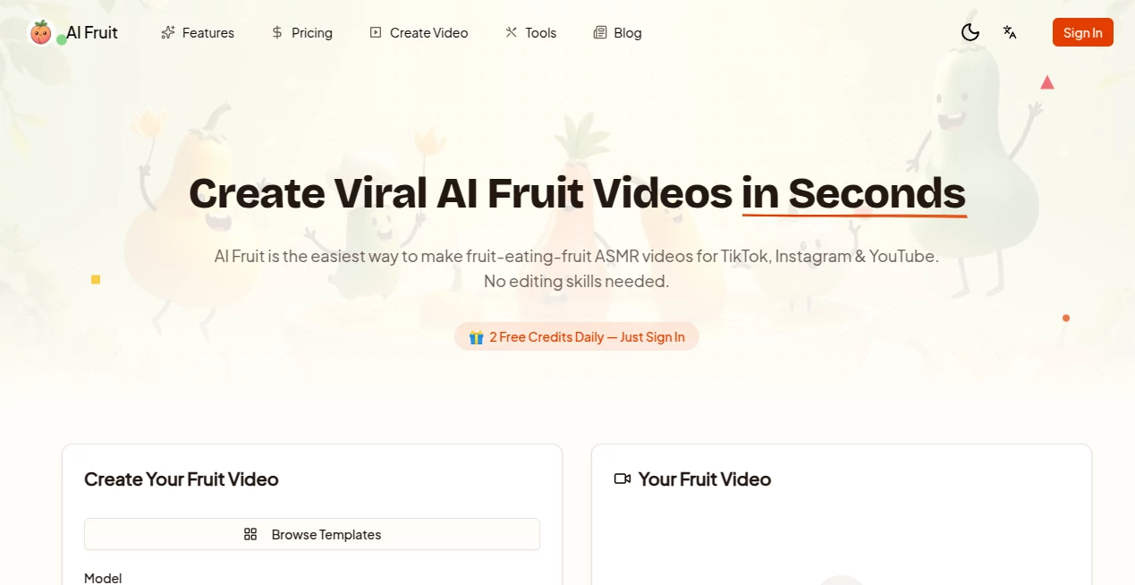 Screenshot of AI Fruit – An AI tool in the ,AI Animated Video ,AI Image to Video ,AI Video Generator ,AI Text to Video  category, showcasing its interface and key features.