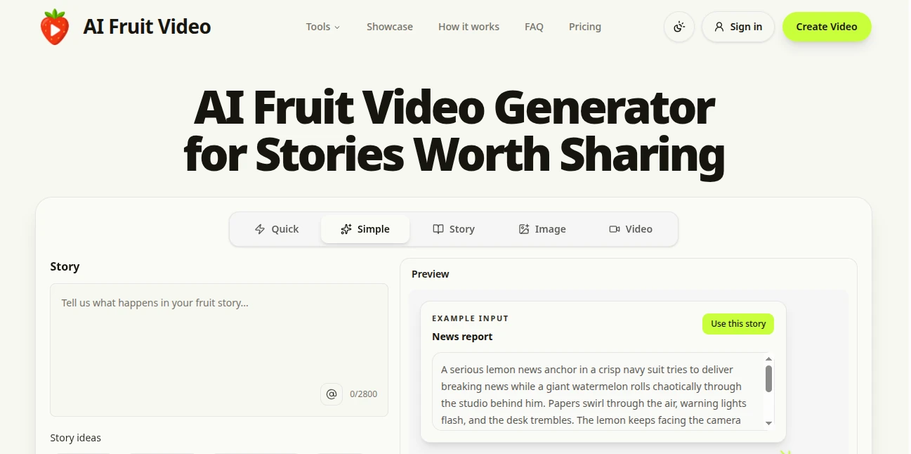 Screenshot of AI Fruit Video – An AI tool in the ,AI Animated Video ,AI Video Generator  category, showcasing its interface and key features.