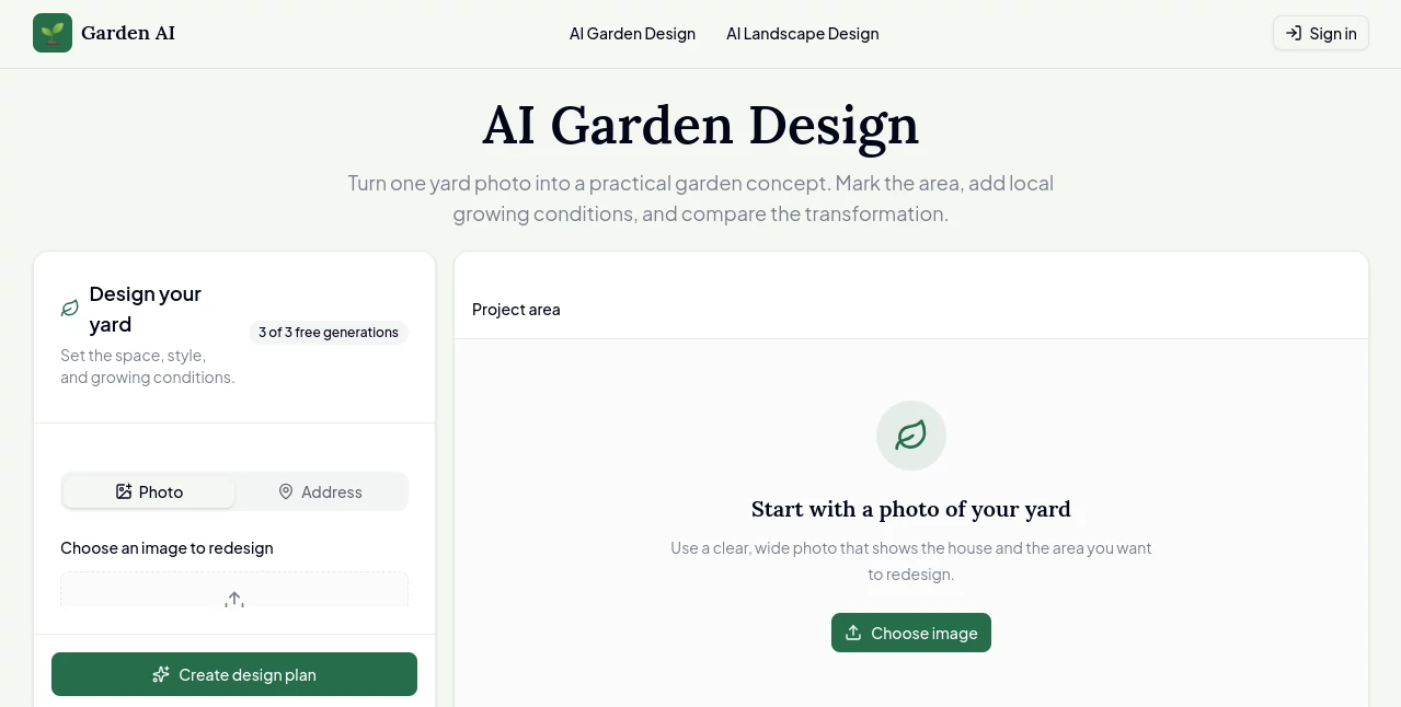 Screenshot of Garden AI – An AI tool in the ,Design & Art ,AI Design Generator ,AI Image to Image ,AI Interior & Room Design  category, showcasing its interface and key features.