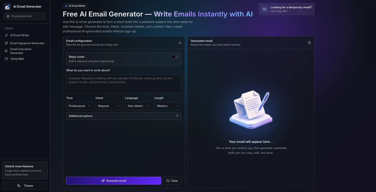 Screenshot of AI Email Generator – An AI tool in the ,AI Writing Assistants ,AI Email Assistant ,AI Email Generator ,AI Productivity Tools  category, showcasing its interface and key features.