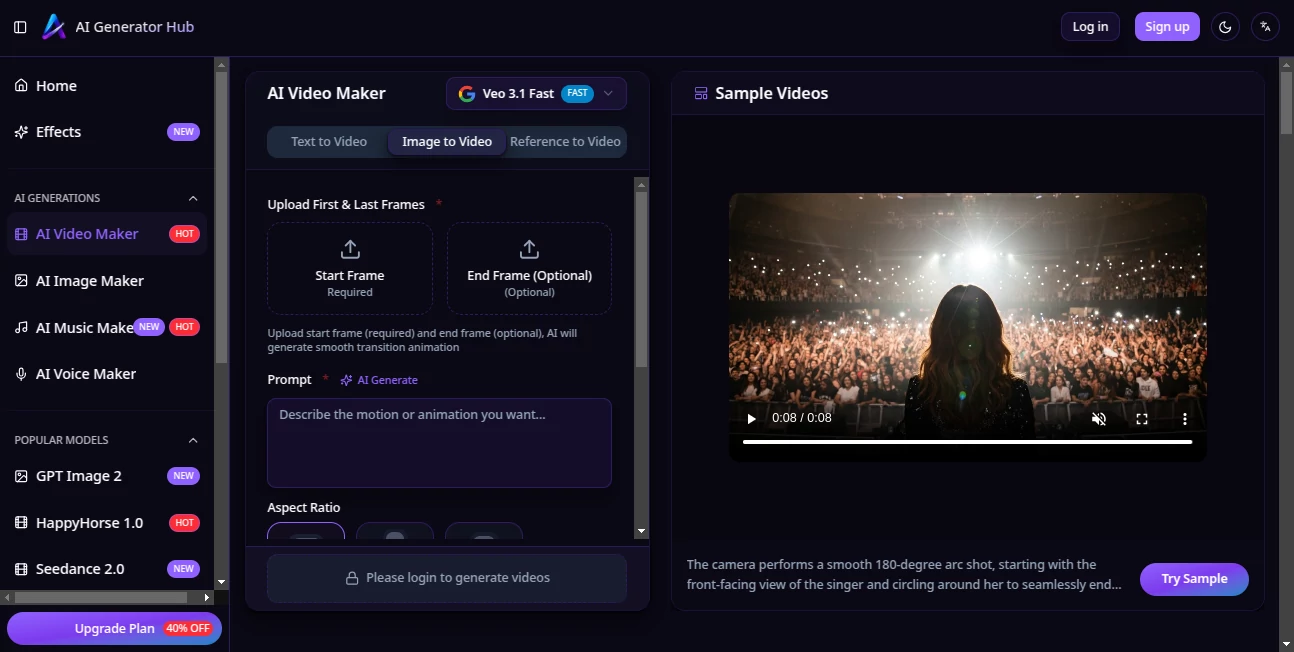 Screenshot of AI Generator Hub - Video – An AI tool in the ,AI Image to Video ,AI Text to Video ,AI Video Generator ,Video  category, showcasing its interface and key features.