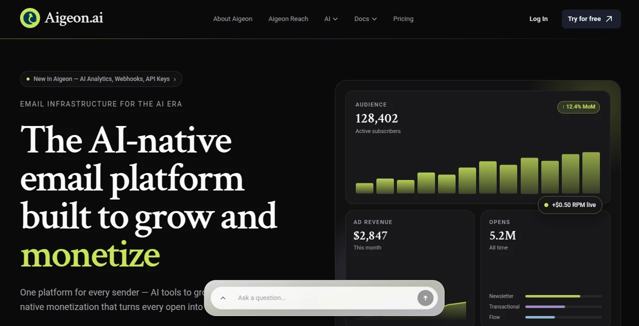 Screenshot of Aigeon – An AI tool in the ,AI Content Generator ,AI Email Assistant ,AI Email Generator ,AI Email Marketing  category, showcasing its interface and key features.